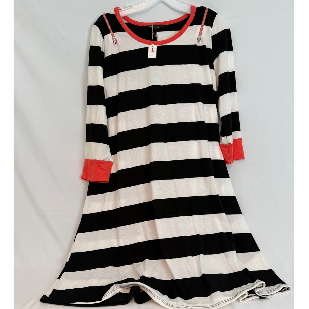 NWT Vision Black White Striped Dress A-Line‎ 3/4 Sleeve Size LARGE